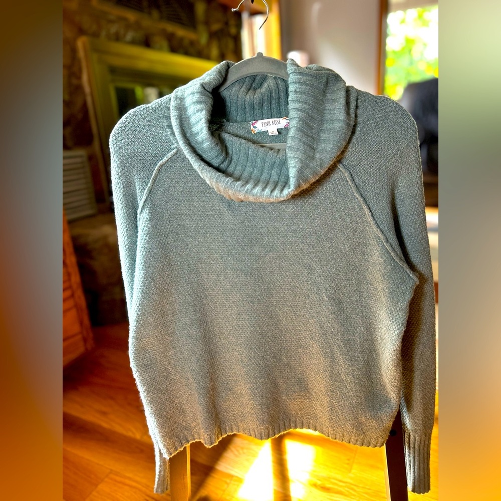 Pink Rose cowl neck sweater, sage green, medium